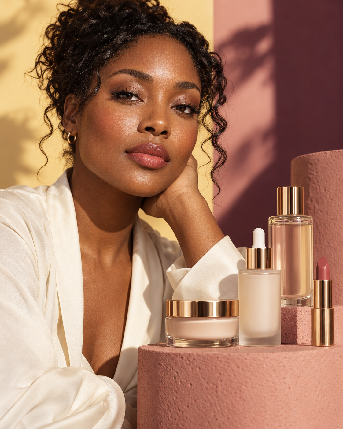 Beauty campaign portrait with skincare and makeup products